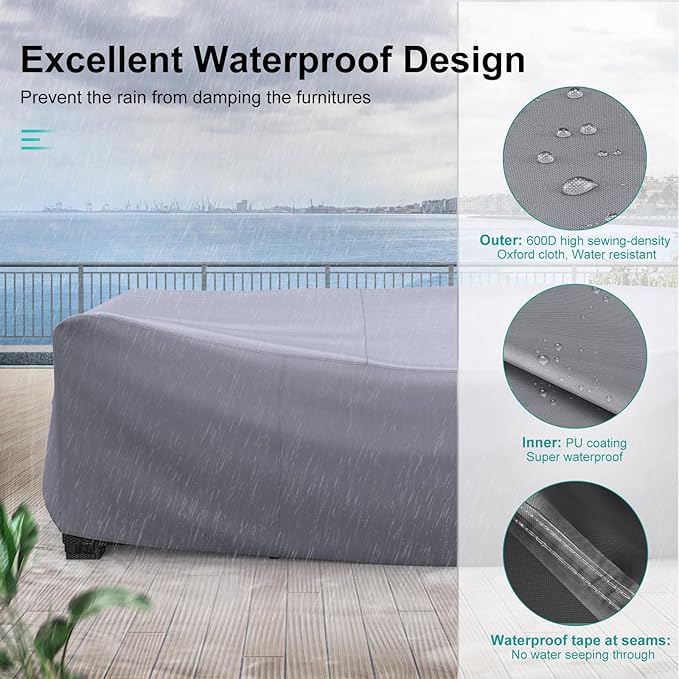 Patio Furniture Set Cover Waterproof, Heavy Duty Furniture Covers for Outdoor Sectional Sofa Set Wicker Rattan Table Chair Rectangular,118"L×57"W×28"H,Grey