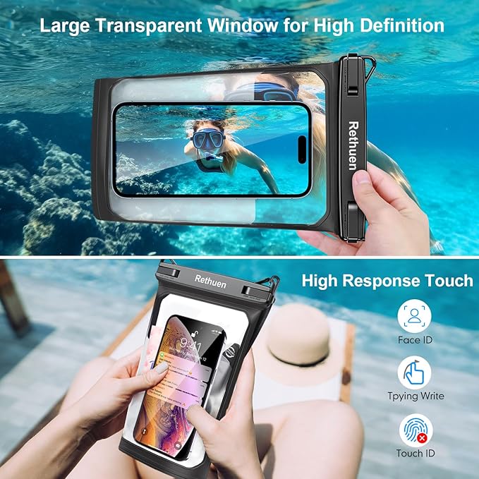 Large Floating Waterproof Phone Pouch, 2Pack Cell Phone Dry Bag for iPhone 16 15 14 13 12 Pro Max Galaxy S24 S23 S22 All Phones, Float Water Proof Bag for Beach Water Park (Black + Pink)