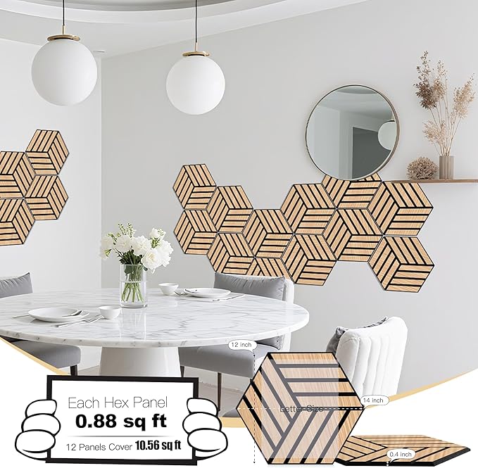 Mollywell Acoustic Panels, PVC Wood-Grain, 14x12 Inch Hexagon Carved Sound