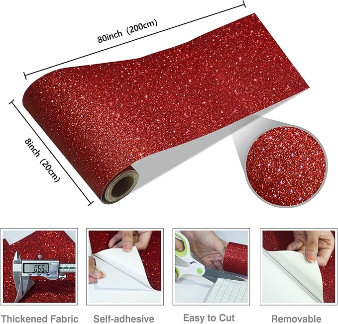 CRE8TIVE Red Glitter Wallpaper Border Peel and Stick Wall Border Fabric Shiny