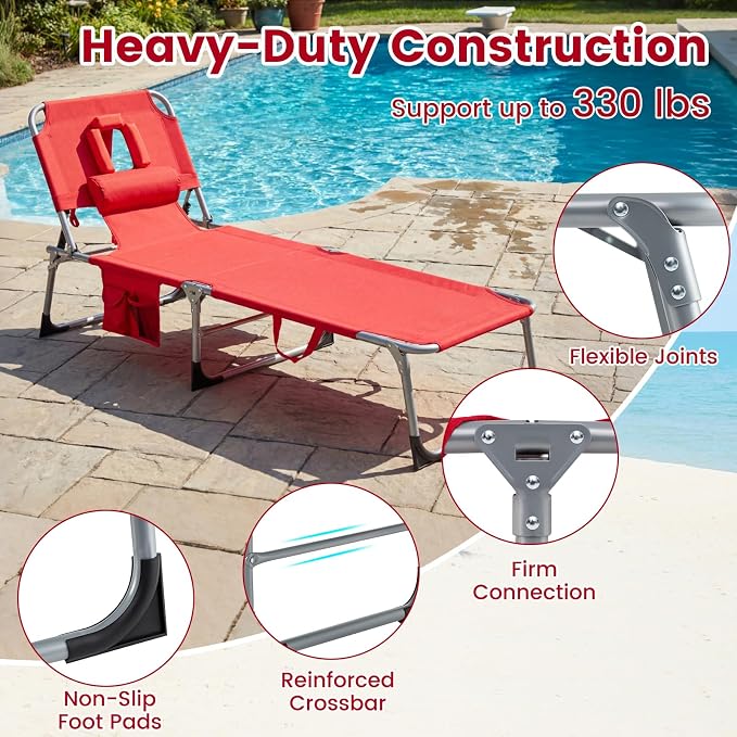 Goplus Tanning Chair, Folding Adjustable Patio Lounger w/Face Arm Holes, 4-Position, 330 LBS, Removable Cushion,Carry Strap, Outdoor Sunbathing Chair, Lightweight Portable Beach Lounge Chair (2, Red)