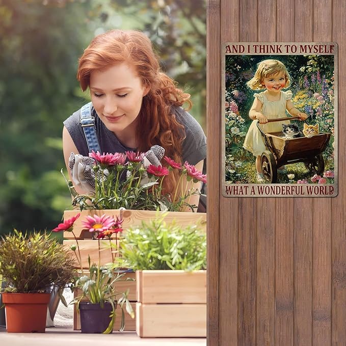 Garden Girl Metal Tin Sign Wall Art Rustic Vintage Outdoor Decor And I Think To Myself What A Wonderful World Quote 12 * 16inch