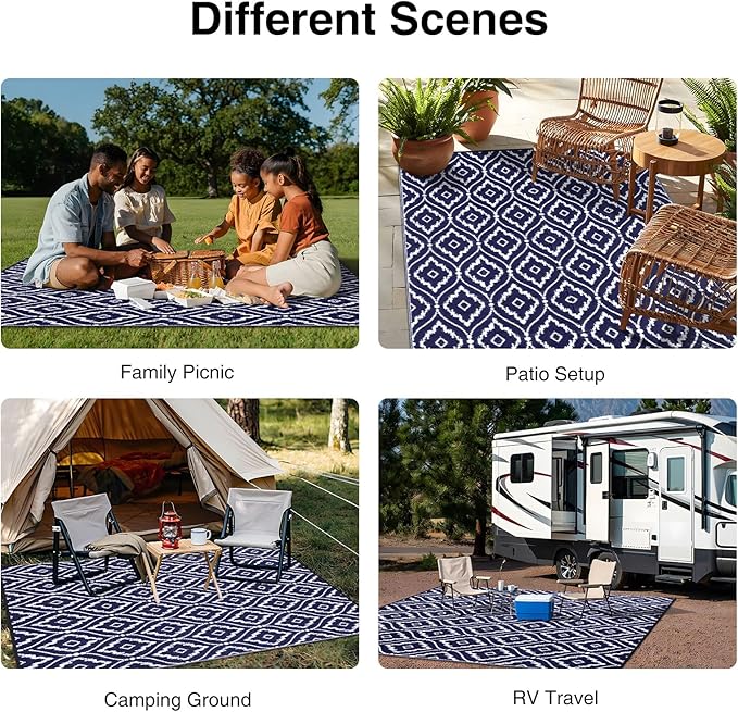 OLANLY Outdoor Rug 6x9 ft Waterproof, Outdoor Plastic Straw Rug with Geometric Pattern Clearance, Reversible RV Mat for Patio, Camping, Balcony, Deck, Backyard, Navy & White