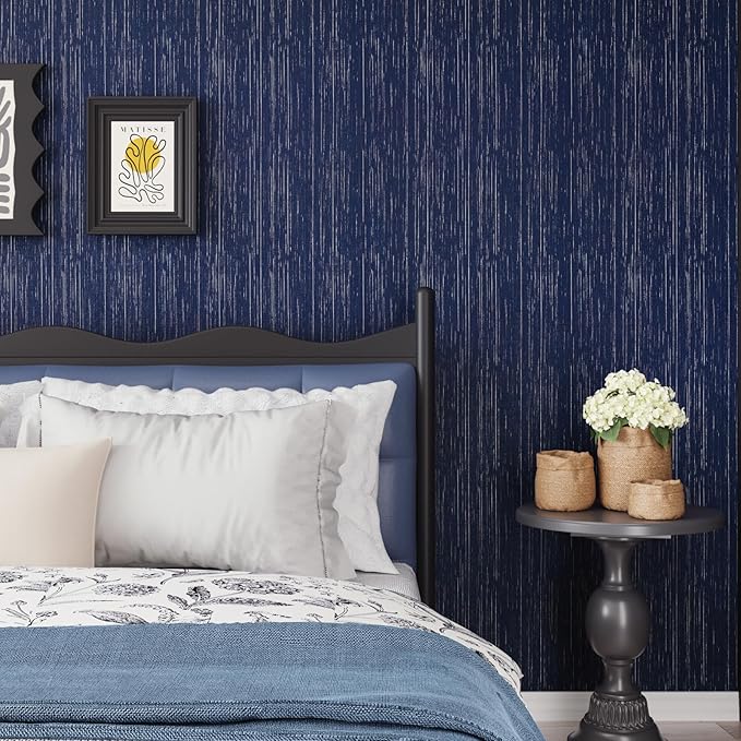 CRE8TIVE Wide Dark Blue Grasscloth Peel and Stick Wallpaper