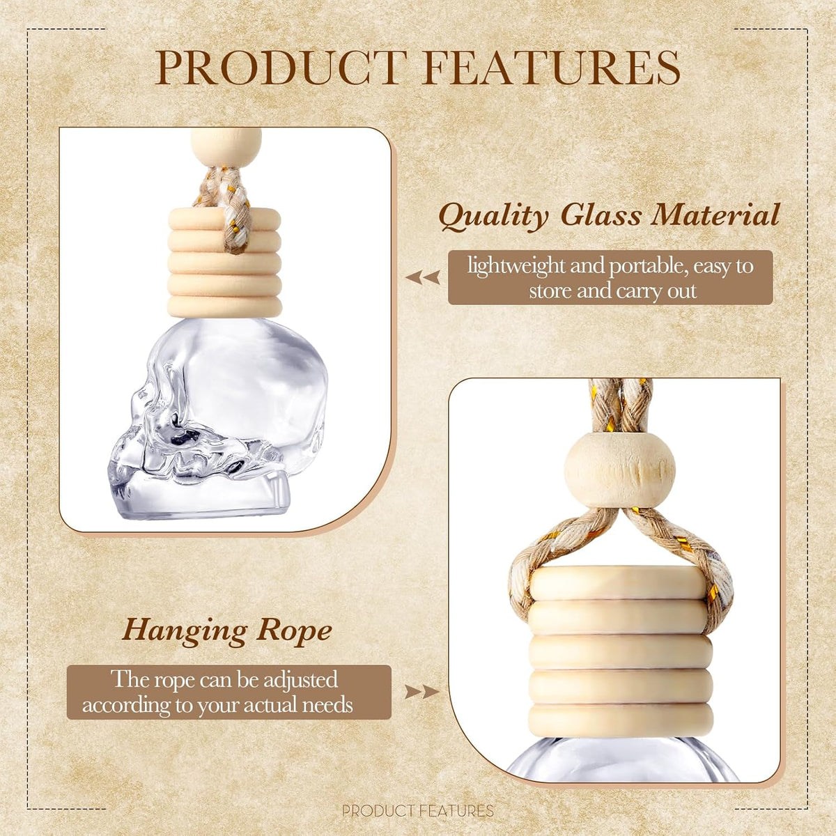 BBTO 50 Pcs Hanging Car Air Freshener Car Diffuser Bottles Empty Glass Perfume Bottle Freshener Diffuser Bottle Pendant for Essential Oil Fragrance Aromatherapy Bottle Ornament(Skull)