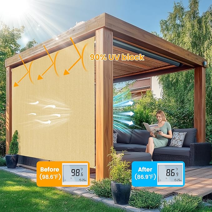 7'W x 8'H Sesame Patio Shades Roll up Outdoor Roller Shade Crank Wand Blind