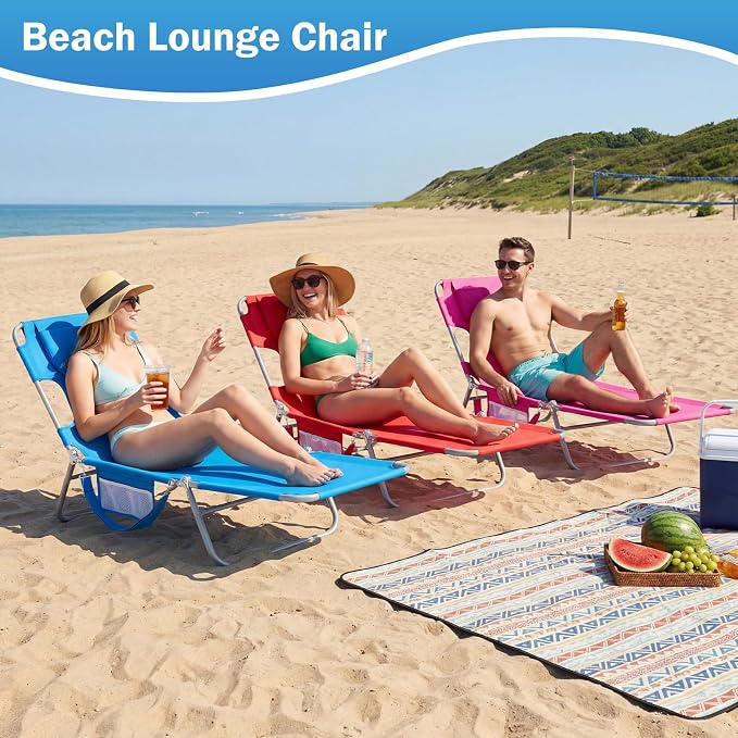 DUMOS Lounge Chair Outdoor, Beach Tanning Chair with Face Hole, Blue | 5-Position Adjustable Sunbathing Tanning Chair, Foldable Portable Chaise Lounge by Pool Patio Lawn Camping Reading, Arm Hole