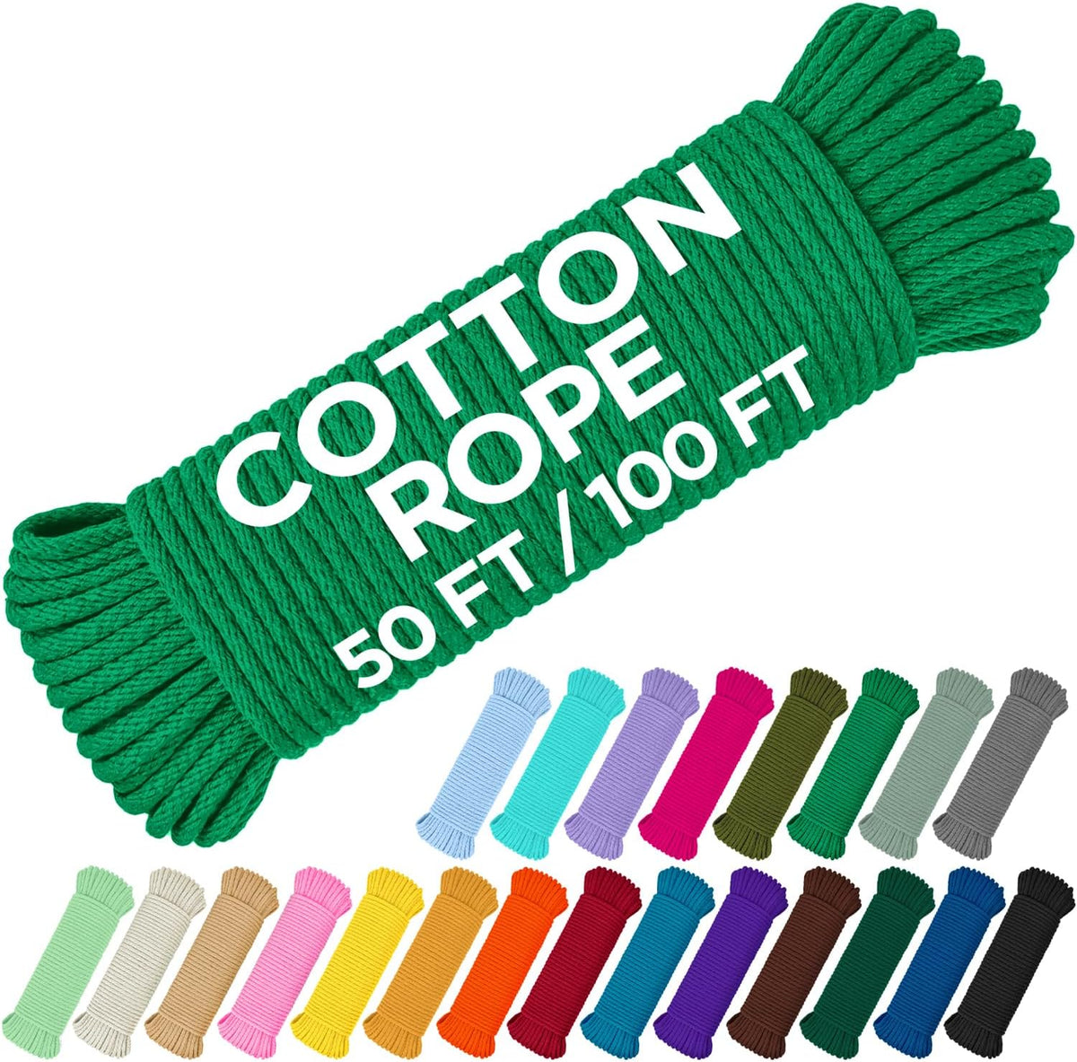 TECEUM Cotton Rope 3/16” (5 mm) – 50 FT – Strong All-Purpose Braided Rope – Natural Cotton – for Crafting, Сamping, Clothes Line, DIY, Indoor & Outdoor Use – Green