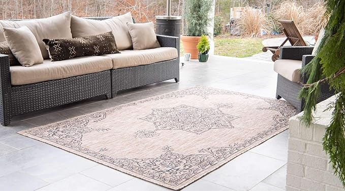 Unique Loom Outdoor Traditional Collection Area Rug - Antique (8' x 11' 4" Rectangle, Beige/ Black)