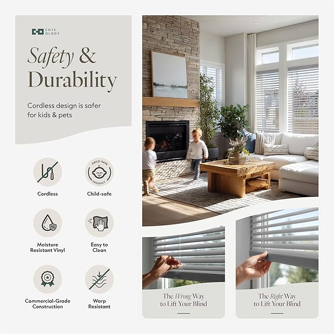 CHICOLOGY Cordless Mini Blinds for Indoor Windows, 46.75" W x 36" H, Light