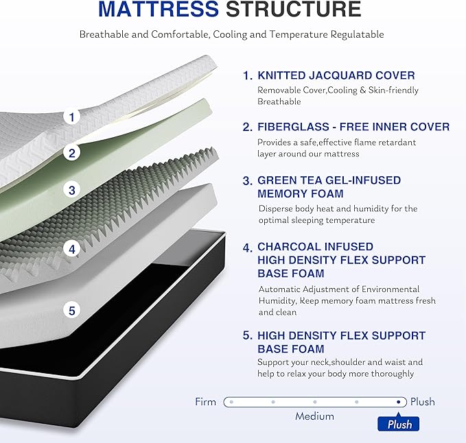 10 Inch Queen Green Tea Memory Foam Mattress for Cool Sleep & Pressure Relief, Bed in a Box, Removable Cover No Fiberglass, CertiPUR-US Certified