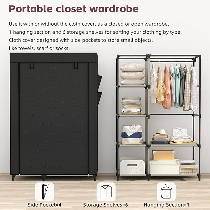 Calmootey Portable Closet Organizers, Clothing Storage, Wardrobe with 6 Shelves and Hanging Rod, Non-Woven Fabric Cover with 4 Side Pockets, Black