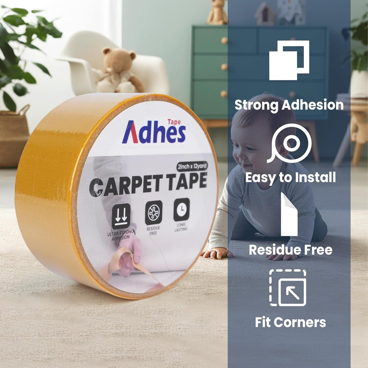 Adhes Double-Sided Carpet Tape, 2 Inch x 12 Yard Rug Tape with 8 Anti-Skid Pads, Heavy Duty Carpet Grip Tape for Hardwood Floors, Area Rugs, and Tile
