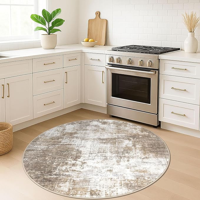 IOHOUZE Round Area Rug 5 Ft Circle Entryway Rugs Round Washable Door Mat Indoor Entrance, Non Slip Circle Front Door Rug, Printed Abstract Faux Wool Floor Carpet for Foyer Porch Sink, Beige Brown
