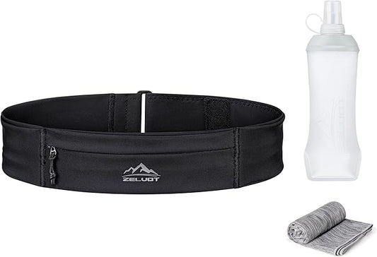 Running Belt with 400ml Soft Flask, Extension Strap & Phone Holder, Adjustable Running Fanny Pack with Gym Towel, Waterproof Belt Bag for Women Men for Jogging Hiking Marathon