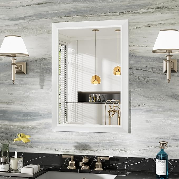 22x30 Inch White Bathroom Mirror for Wall, Thick Metal Framed Rectangle Mirrors for Over Sink, Bedroom, Living Room, Entryway, Anti-Rust, HD Tempered Glass