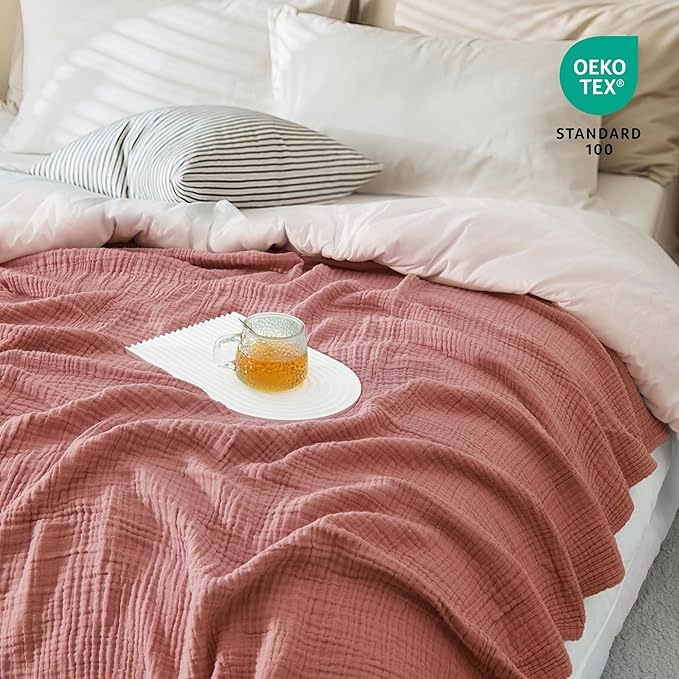 Carriediosa 100% Cotton Muslin Throw Blanket 66" X 90" Twin XL Size，4-Layers Summer Gauze Throws for Bed Couch，Soft Lightweight Breathable Linen Blankets Bedspread for Adults All Season，Mauve