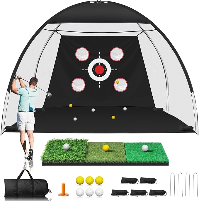 Golf Net, 10x7FT Golf Practice Net with Tri-Turf Mat for Outdoor Indoor, All-in-One Golf Hitting Aid Nets for Backyard Training Driving Chipping Swing, Gifts for Men/Him/Dad/Golfer