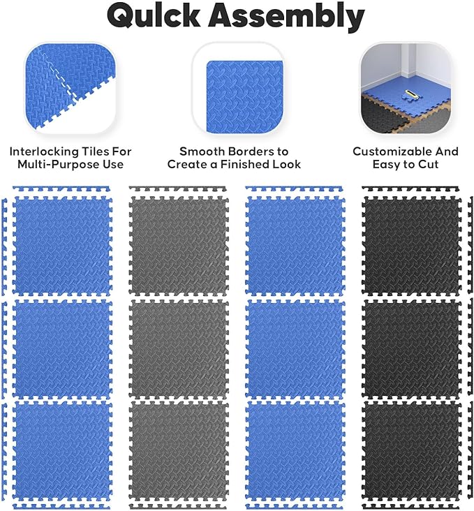 Home Gym Mat, Puzzle Exercise Mat, of EVA Interlocking Foam Floor Tiles for Home Workout Equipment and Kids' Play Areas - Blue, 24 in x 24 in x ½ in - 16 Tiles (Blue, 16 Pack 64 sq ft)