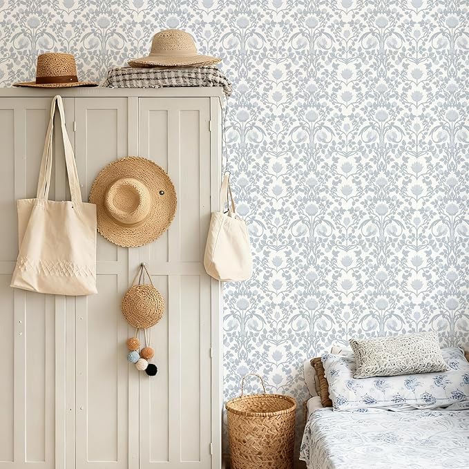 YXTII 17.3"×236.2" Blue Floral Peel and Stick Wallpaper, Damask Boho Wall Paper
