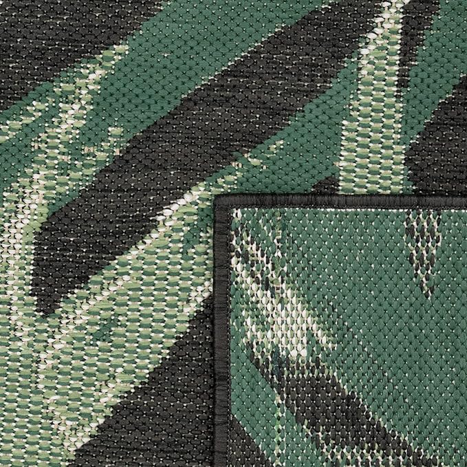 Tropical Outdoor Rug Palm Tree & Jungle Design Flatweave in Black Green, Size: 6'7" x 9'6"