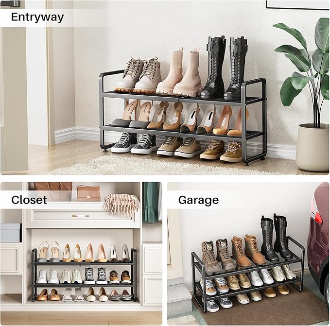 Shoe Rack - Expandable Shoe Organizer for Closet, Adjustable Metal Shoe Shelf Storage, 2 Tier Stackable Long Shoe Stand Holder for Garage, Entryway, Door Entrance, Black