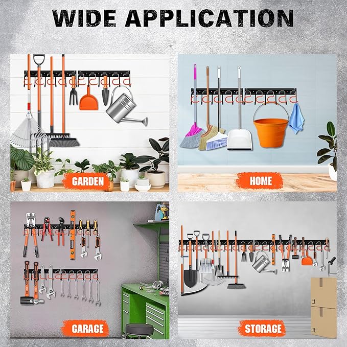 ELEAD 68'' All Metal Adjustable Garden Tool Organizer: Garage Tool Organizer Wall Mount with Orange Hooks, Garage Organizers and Storage, Tool Hangers for Shed