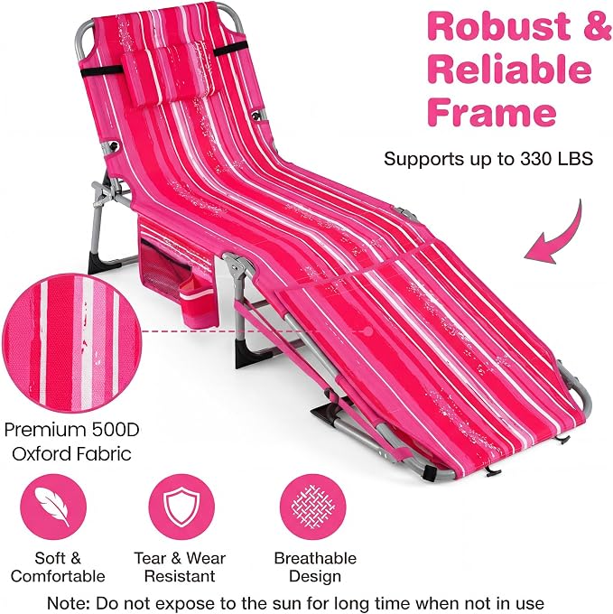Giantex Set of 2 Tanning Chair, 5-Position Adjustable Beach Chair with Face & Arm Hole, Hand/Shoulder Strap, Removable Pillow, Side Pocket, Load 330 Lbs, Sunbathing Chairs, Lounge Chairs Outdoor