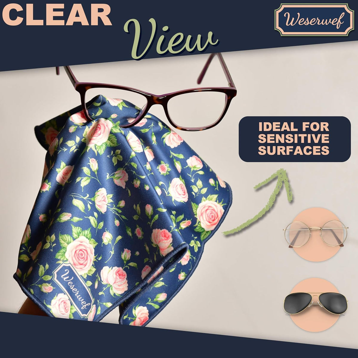 WESERWEF Design Microfiber Glasses Cleaning Cloth – Premium Cleaning Cloth for Eyeglasses, Screens, Tablets, Cameras & Lenses, 12" x 12", Ultra-Soft & Scratch-Free (Rose)