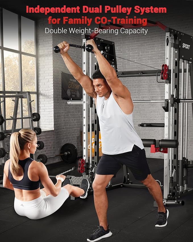 Smith Machine Home Gym All in One, 2200LBS Squat Rack Power Cage with Smith Bar, LAT Pull-Down, Cable Systems, Leg Hold-Down and More Attachments, Workout Equipment (Red Black)