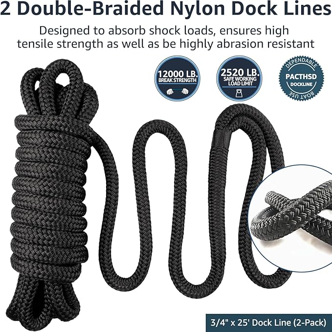 2 Pack 3/4" x 25' Dock Lines - Marine Grade Nylon Boat Rope with 15" Loop for Docking and Mooring - Double Braided Boat Lines, High Strength, Easy Handling, Fray Resistant - Black