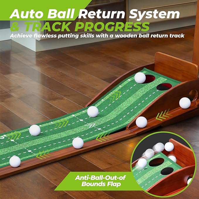 Golfguru Putting Green, 9.8ft Golf Putting Mat with Automatic Ball Return Track & Putting Mirror, Indoor Putting Greens for Home with Thickened Wrinkle-Free Crystal Velvet, Golf Accessories for Men