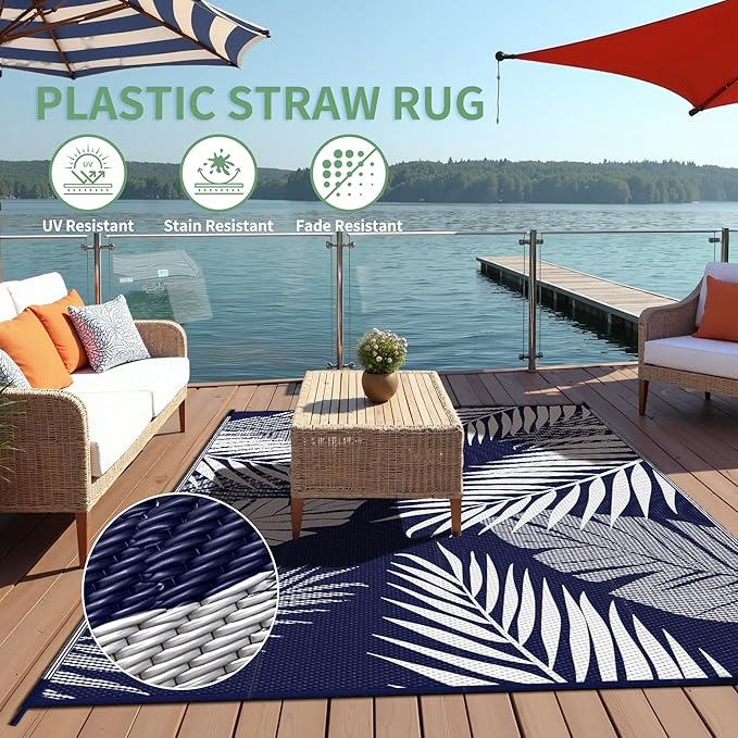 Outdoor Rug 9’x12’ Waterproof for Patio Clearance, Reversible Indoor Outdoor Plastic Straw Camping Rug Carpet, RV Mat, Large Area Rug for Deck, Backyard, Balcony, Porch, Beach, Blue & White