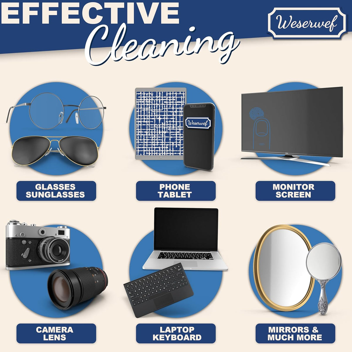 WESERWEF Design Microfiber Glasses Cleaning Cloth – Premium Cleaning Cloth for Eyeglasses, Screens, Tablets, Cameras & Lenses, 12" x 12", Ultra-Soft & Scratch-Free (Blue)