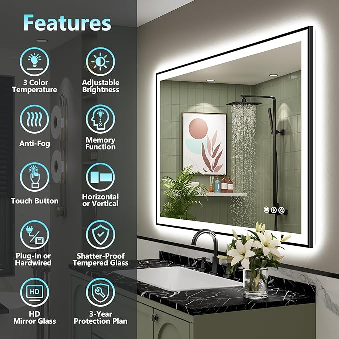 44x36 Black Framed LED Bathroom Mirror