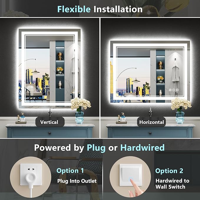 30x36 LED Bathroom Mirror with Lights, Backlit and Front Lit Anti-Fog Lighted