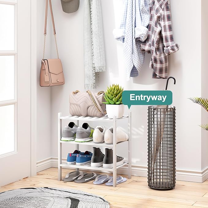 Small Shoe Rack for Entryway, White Shoe Organizer for Closet, Bamboo Wood Standing Shoe Shelf for Indoor Outdoor (White, 3-Tier_Samll)