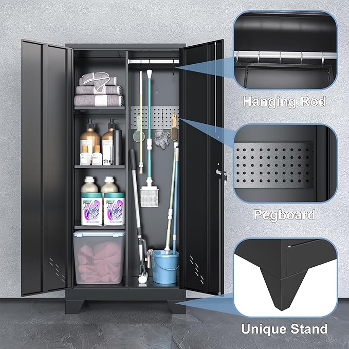Metal Storage Cabinet with Locking Doors, 61" Tall Garage with Hanging Rod, Broom Closet, Freestanding Bathroom Storage Cabinet, Cleaning Tool,Black