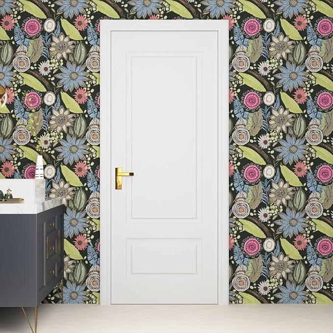 Dark Green Wallpaper Peel and Stick, Boho Vintage Floral Contact Paper