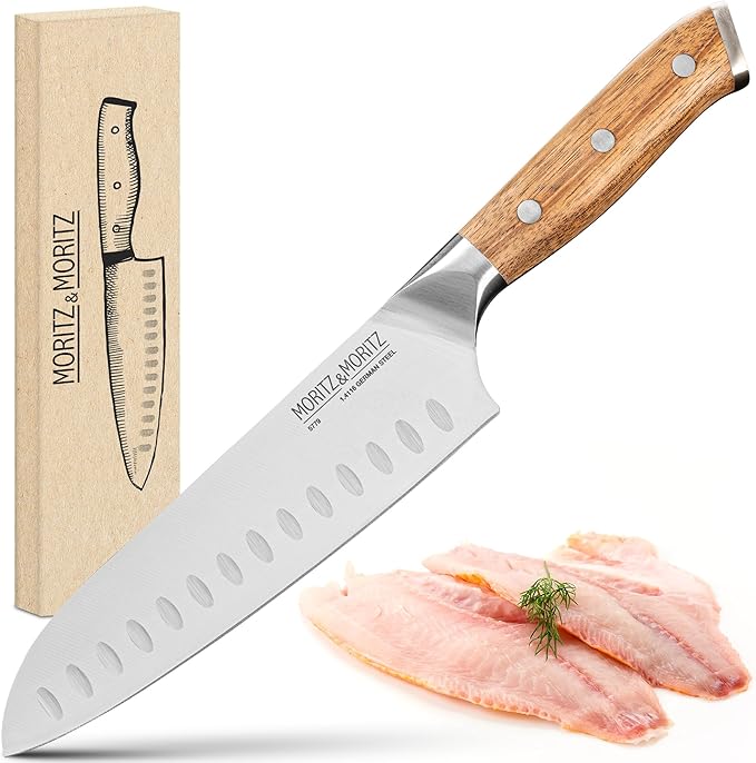 Moritz & Moritz 7-Inch Santoku Knife – Japanese Chef Knife with German Steel Blade, Acacia Wood Handle, Professional Kitchen Knives for Meat, Vegetables, Sushi, Chopping & Slicing