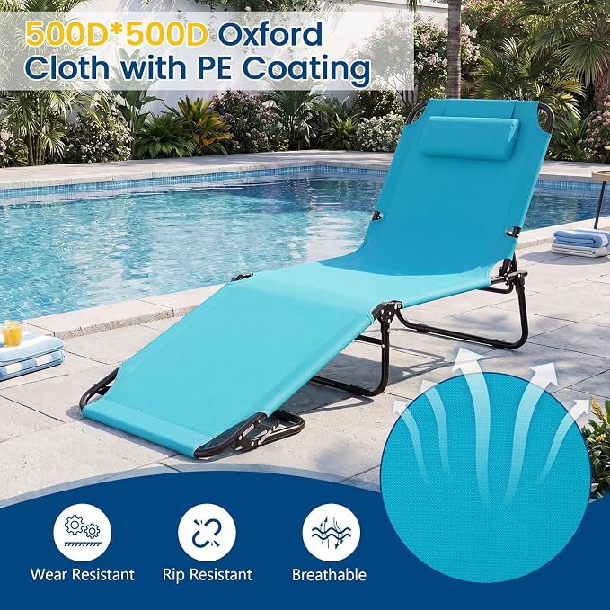 Giantex Folding Beach Tanning Chair - Adjustable Patio Lounge Chair w/Face Hole, Removable Pillows, Carry Strap, Layout Chair, Sunbathing Chaise Lounge Outdoor for Poolside Yard Lawn (1, Turquoise)