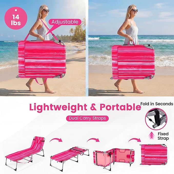 Giantex Set of 2 Tanning Chair, 5-Position Adjustable Beach Chair with Face & Arm Hole, Hand/Shoulder Strap, Removable Pillow, Side Pocket, Load 330 Lbs, Sunbathing Chairs, Lounge Chairs Outdoor