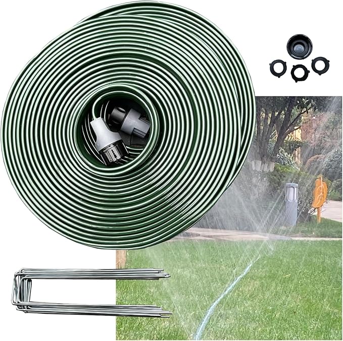 Watoo 2026 Sprinkler Hose & Soaker Hose for Yard - 75 FT Reinforced Flat Garden Hose with Holes, Heavy Duty No-Kink Lawn Irrigation Hose (Includes Stakes, High Pressure Spray)