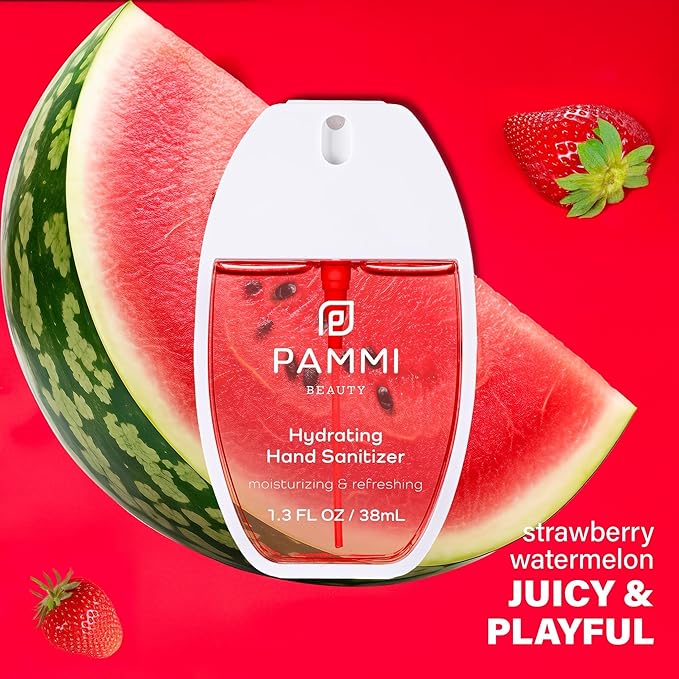 PAMMI Power Mist Hydrating Hand Sanitizer Spray, Portable Travel Size Pocket Hand Sanitizer, Scented Handsanitizer Mini Spray For Car - 600 Sprays (2 Packs (Strawberry Watermelon))
