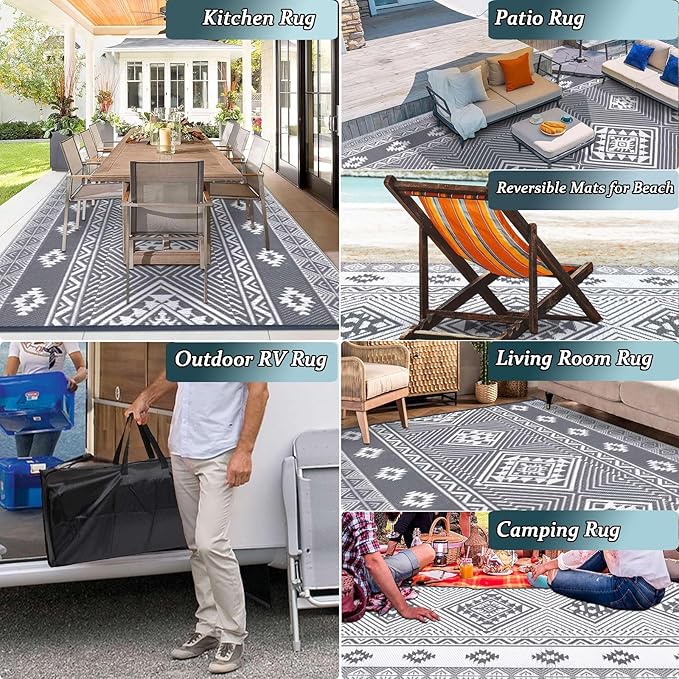HiiARug Outdoor Rug for Patios Clearance 9'x12' Outdoor Plastic Straw Rug Waterproof Patio Camping Rug Reversible RV Mat Outdoor Area Rugs for Outdoors, RV, Patio, Backyard, Deck, Camping