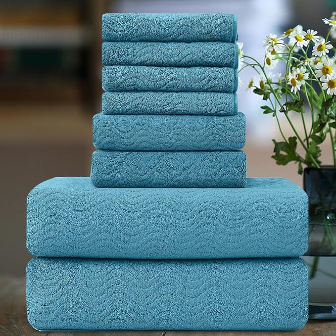 Ultra Soft 8 Piece Textured Bath Towel Set for Bathroom Shower Pool, Kitchen, Quick Dry, Lightweight Highly Absorbent - 2 Oversized Bath Towel Sheets, 2 Hand Towels, 4 Washcloths
