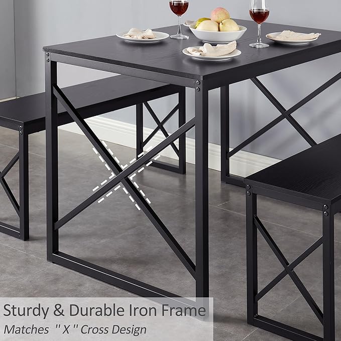 VECELO Kitchen Table with 2 Benches for 4, Wood Dining Room Dinette Sets with Metal Frame for Breakfast Nook and Small Space, Black