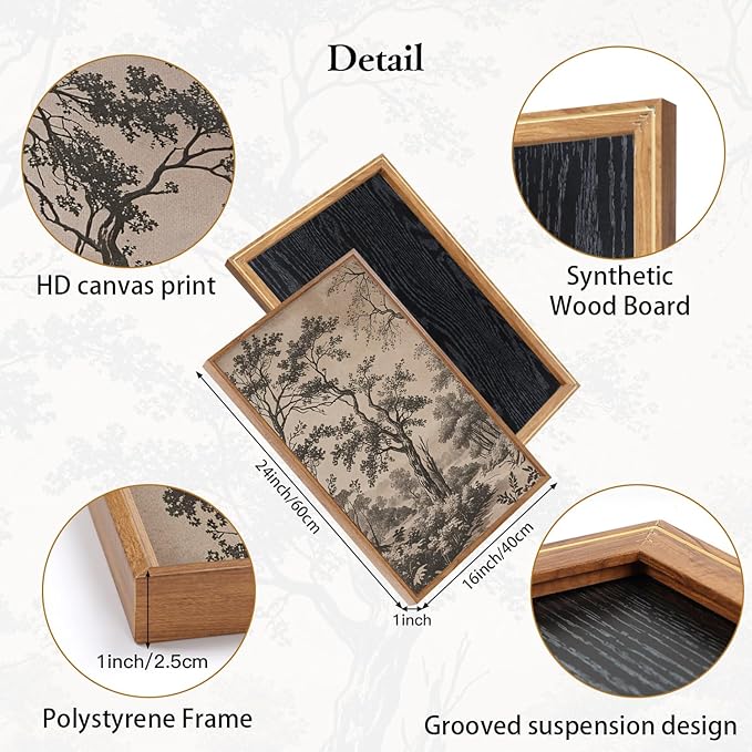 CHDITB Vintage Forest Framed Canvas Wall Art Set, Nature Tree Botanical Wall Decor，Scenic Art Spiritual Wall Painting, Neutral Artwork Wilderness Art Prints for Living Room Bedroom Office 16"x24"x3