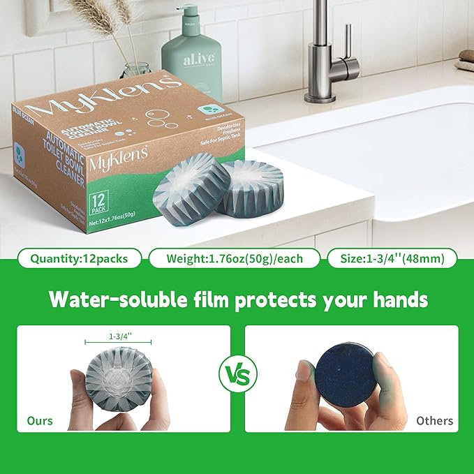 Toilet Bowl Cleaner Tablets, Automatic Toilet Bowl Cleaners, Long-Lasting Toilet Tabs Drop in Tank for Deodorizing & Descaling, Green, 12 Packs