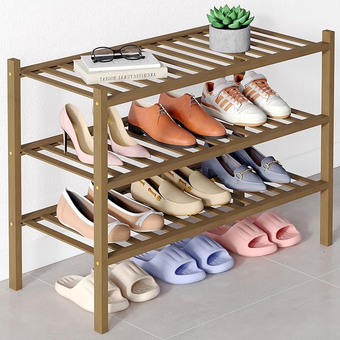 Smiry Bamboo Shoe Rack for Closet, 3 Tier Wooden Stackable Shoe Organizer, Free Standing Shoes Storage Shelf for Entryway, Front Door Entrance, Walnut